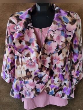 Erin London Vintage Watercolor Floral Ruffled Trim Open Front Blazer Jacket Sz M